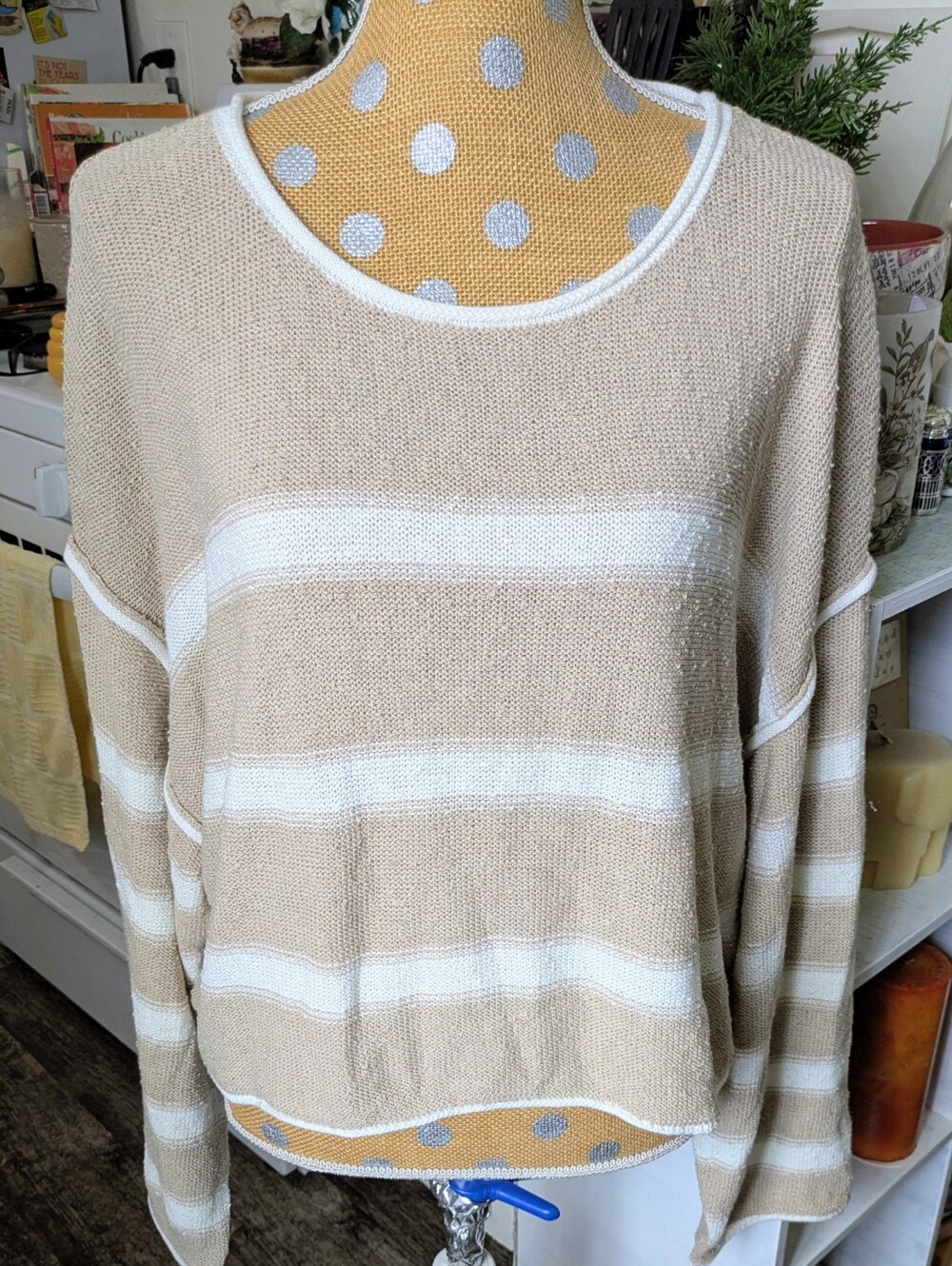 Vici Striped cotton blend cropped oversized Pullover Sweater XL